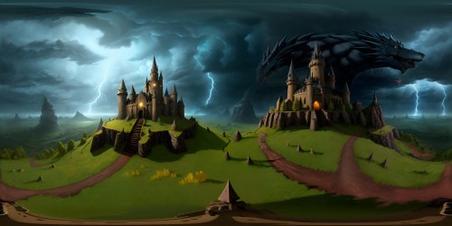 Dark castle silhouetted against stormy sky, jagged lightning, obsidian dragon forms swirl around spires. Gleaming swords embedded in weathered stone, eerie witch's glow seeping from castle windows. Ultra-high res, VR360 immersive masterpiece, marked by gothic style, striking chiaroscuro.