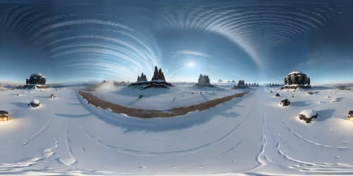 Masterpiece quality VR360, ultra high-res, blizzard-engulfed VR360 barren plains at night, frozen wastelands, heaped snowdrifts, frost-ridden icy flats. Digital painting style.