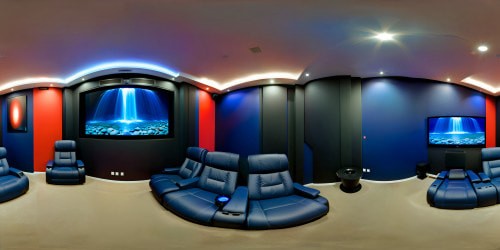 Spacious VR360 media room, ultra-high resolution, dark and polished. Large, comfortable recliner dominating center. Ambient illumination playfully interacting with blue and red hues. Contemporary artwork adorning walls, fountain water feature subtly lit, enhancing VR360 experience.