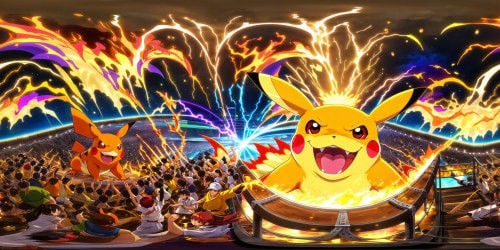 The electrifying, high-stakes final battle between a battle-weary yet determined Pikachu and a formidable Charizard unfolds in stunning ultra-high resolution detail at the climax of the epic showdown within a bustling Pokémon stadium, packed with excited spectators, capturing the intensity of the moment.