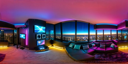 A flawlessly detailed, hyper-realistic cyberpunk living room, boasting a massive wall window showcasing a neon-drenched cityscape, holographic screens shimmering, chrome gleaming under vibrant lights, and vibrant neon signs saturating the pristine space with an electric aura.