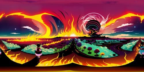 Hot, fiery skies, lava-like sunsets in VR360 extravagance. Ultra high-res masterpiece, molten hues exploding, iridescent ember clouds. VR360 radiance of neon phoenix feathers, fantasy art style.