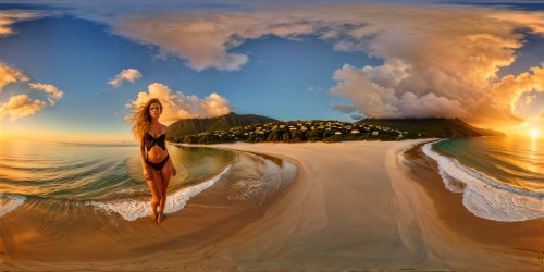 A flawless ultra high-resolution depiction of cascading brown and blonde highlighted hair, elegantly framing a figure on a serene beach at sunset, the golden sun casting a flawless glow over the calm sea and sandy shore, a masterpiece of tranquil beauty captured in unparalleled detail.