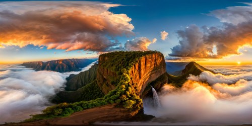 A immaculately detailed panorama reveals the Ethiopian highlands at dawn, with resplendent terraced valleys, majestic waterfalls, towering cliffs bathed in golden light, vibrant wildflowers, and swirling clouds that paint a masterpiece of unparalleled quality and resolution.