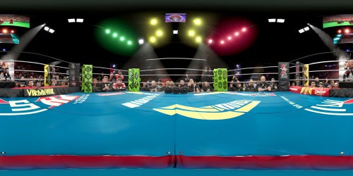 Empty WWE wrestling ring, best quality, masterpiece in ultra-high res 8K FHD, meticulously detailed in 3D. VR360 view of ring ropes, corner posts, padded turnbuckles. Style: hyperrealistic, full immersion VR360 for a ringside experience.