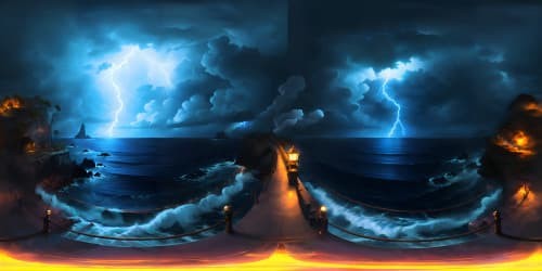 Lightning in midnight sky over a stormy sea.