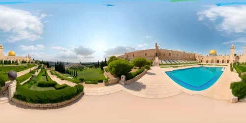 VR360 panoramic view, Jerusalem skyline, golden-hued sunsets, iconic domes, spires, ancient structures, ultra-high resolution, masterpiece quality. VR360 cityscape, expansive vistas, fine art style.