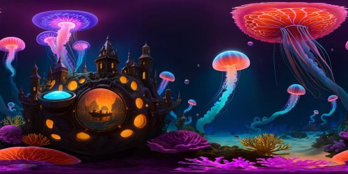 VR360: Underwater realm, prismatic coral formations, vibrant marine fauna, glassy bubbles ascending. VR360: Grand, oceanic trench, bioluminescent jellyfish, scattered sunken ship remnants. Style: Masterpiece, ultra high-resolution, dynamic light-shadow interplay.