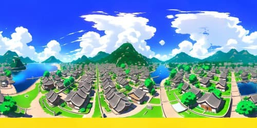 Ultra-high resolution masterpiece, VR360 Naruto-inspired village, traditional Japanese architecture, floating lanterns. VR360 expansive view, colossal Hokage monument, mysterious aura. Anime-style atmosphere, sunset hues, ethereal clouds