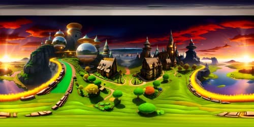 Pixar-style VR360 emerald skyline, sunset luminescence, luxurious technicolor poppy fields, masterpiece quality. Crystal river intertwining, ultra-high res VR360 scene predominance. Textures rich, VR360 fantasy wonderland enchantment. High-quality rendering, Oz revival, stunning detail abundance.