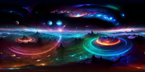 VR360 view: Extravagant galaxy of spheroid formations, mixed spectrum hues. Immense formations, ultra-high resolution, celestial masterpiece. Style: Hyperealistic, meticulous detailing. Contrast-enhanced, high dynamic range, VR360 focus: Astral phenomena, supernova flares, deep space grandeur.