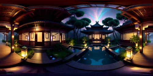 Ultra high-res VR360 view, traditional Chinese house nestled in bamboo grove, cascading waterfall, a fountain harmoniously crafted from wood. Masterpiece rendering, traditional ink-wash painting style, enhancing texture and details. Style reminiscent of Chinese landscape paintings. VR360 viewpoint overlaying serenity, elegance.