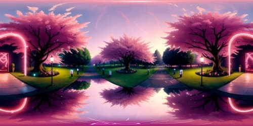 Masterpiece VR360, ultra-high res, love symbolism: entwined heart clouds, cascading cherry blossom petals, VR360. Enhanced pastel sunset hues, digital painting meets surreal art style, immersive love motif, intricately subtle detailing. All elements coalesce to form a visual confluence of affection in the vista.