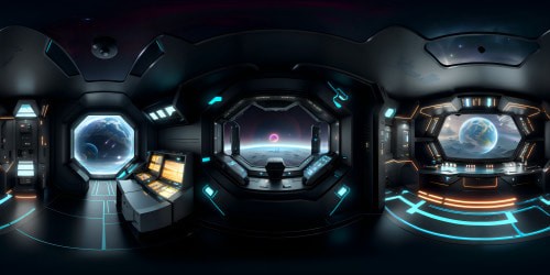 Inside the TARDIS, VR360 view. Elements of retro-futuristic design, ultra-high resolution, precise attention to detail. Infinite corridor perspective, control console centerpiece, intricate techno-details. Masterpiece-level quality, shimmering interstellar backdrop. Digital painting technique, Pixar-like rendering for VR360 immersion.