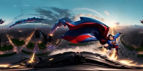 Superman fighting evil vampire over Paris at sunrise