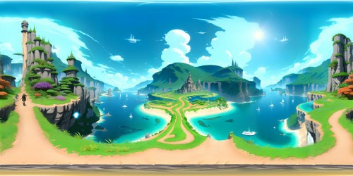 VR360 view of masterpiece world, ultra high-resolution. Intricate topography, lush vegetation, sparkling water bodies. Subtle anime style, bold colors, detailed textures. Ultra-realistic, VR360 immersive experience.