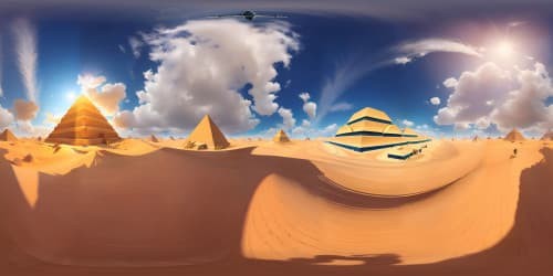 VR360 ultra-high res, Egyptian royal attire, jewelry, artifacts, pyramid outline backdrop, golden desert sands, sunlit backdrop, impressionist style.