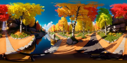 Ultra high-res masterpiece, Bikin landscape, radiant autumn leaves, sweeping river, VR360 enhanced. Obsidian rock formations, towering, sun-streaked birch trees. Dreamlike VR360 perspective, anime style, surreal color palette, subtle reflections.