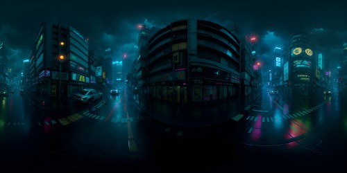 Futuristic cityscape, towering neon-lit buildings, rain-soaked streets, glowing billboards, moody VR360 sky darkened by storm clouds. Ultra high res, photo-realistic style. Blade Runner-inspired, maximum quality VR360 masterpiece.