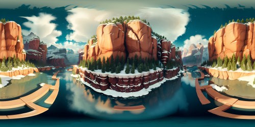 Ultra high res, Grand Canyon majesty, snowflakes dusting rugged cliffs. VR360 frosted river carving through, vibrant orange rock contrasted by white tranquility. Masterpiece style, delicate balance between realism and impressionism, VR360 panoramic snowy spectacle.