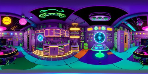 VR360 immersive view, neon-infused palette, Rick and Morty-styled garage. Cluttered workbenches, gadget-filled shelves. High gloss floor, scattered tools. Central spaceship, gleaming, intricate details. Experimental, quirky technology. Looming portal, swirling teal and purple hues. Ultra-high-res, Pixar-like texture. VR360 eccentric, animated masterpiece.