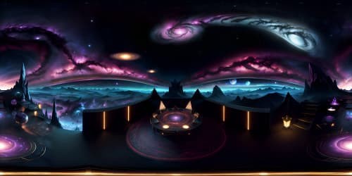 Ultra high-res, Lovecraft-inspired VR360 panorama. Swirling cosmic nebulas, gigantic elder gods, non-Euclidean architecture, color out of space phenomenon. Style: Intricate, moody, grand, surreal. Visual masterpiece, top-quality VR360 rendition.