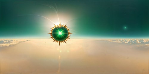 above the universe. a bright gold star surrounded by emerald green in front. a very large emerald sun behind.