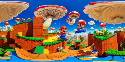 Perfectly rendered, flawlessly intricate ultra-high-resolution depiction of Mario's whimsical pixelated universe, showcasing iconic brick blocks, towering mushrooms, expansive blue skies, and shimmering coin trails, a visually stunning masterpiece in digital artistry.