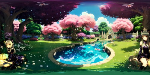 VR360 vivid visuals, jewel-like dew on emerald leaves, Neko Catgirls lounges evoking anime aesthetics. Exquisite forest, gnarled oaks, undulating carpet of ferns, intertwining foliage, artfully pixellated. Zen-inspired tranquility, sublime VR360 virtuality. Subtle blend of surreal and fantasy art-style, Neko Catgirl magnificence as centerpiece.