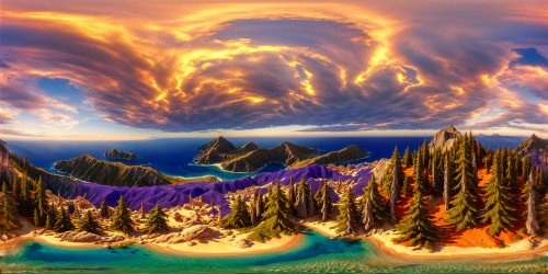 Impeccable Middle Earth coastline at golden hour, flawless sands kissed by crystal-clear waters, an enchanting Elven village embraced by majestic mountains, all under a heavenly sky blending flaming tangerine and lilac, immortalized in a mesmerizing ultra-high-res masterpiece.