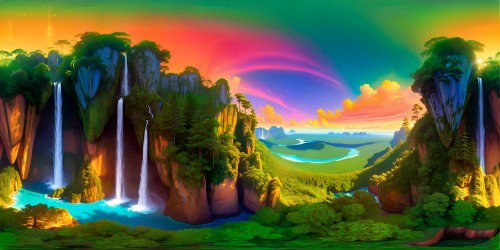 VR360 masterpiece, ultra-high res fantasy landscapes. Emerald forest canopies, crystal-clear waterfalls. Gleaming, otherworldly cities in distance. Majestic, floating islands, twilight-hued sky. Style: Detailed, painterly strokes, radiant light effects.