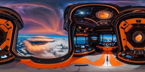 A pristine, cutting-edge spaceship command center in VR360, bathed in mesmerizing neon orange hues, symmetrical screens reflecting intricately detailed surroundings under volumetric lighting, against a reflective floor, presenting a flawless, ultra-high-resolution 18k panorama of the vast cosmos.