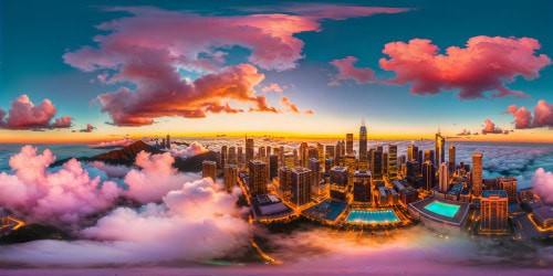 An immersive and flawless scene featuring a vibrant vaporwave-inspired Simpsons cityscape bathed in neon, towering skyscrapers reflecting pastel hues, palm trees swaying in the synthetic breeze, and a luminous pink sunset casting a retro glow over the pixel-perfect skyline.