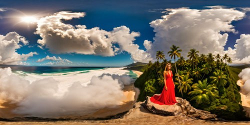 An unparalleled, highest-quality masterpiece showcasing an undisturbed seaside beach, where a solitary figure in a red dress stands elegantly under a heavenly sky, surrounded by lush swaying palm trees adorning the immaculate coastline.