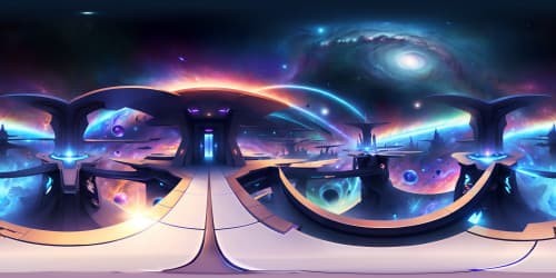 Unrivaled, ultra high-res VR360 masterpiece scene. Surreal art style cosmos, nebula clusters, shooting stars. Grandest scale artistry, celestial beauty, evocative VR360 details. Futuristic, entrancing dream palette.