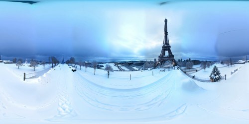 "VR360 winter wonderland, Eiffel Tower apex, heavy snowfall, crystalline flakes. Gusts sculpting surreal snow dunes, cityscape swallowed by white. Iron latticework draped in frost. Ultra-high res masterpiece, VR360 lavished with impressionist style detailing."