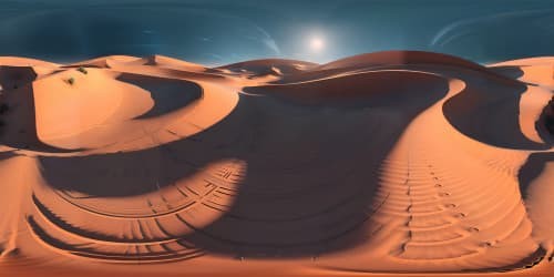 Masterpiece-style VR360 desert, undulating sand dunes. No animals, intense clashes symbolized by dynamic patterns in sand. Arid, palpable atmosphere, expansive desert sky. VR360 view, intense details, ultra high-res textures. Vibrant color contrasts, sparse desert flora.