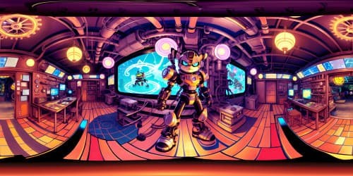 Ultra high-resolution, Ratchet and Clank mechanical workshop, intricately designed gears, steampunk aesthetics, glowing neon lights. VR360 panorama, vivid Pixar-style rendering, captivating VR360 masterpiece.