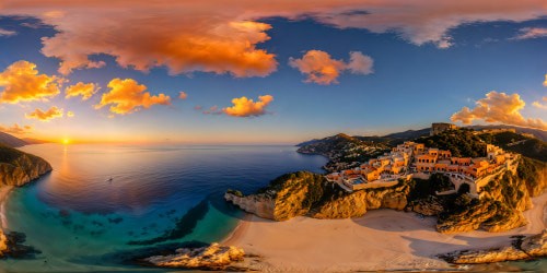 Flawless Mediterranean coastline bathed in the golden hour, crystal-clear waters gently caressing pristine sandy shores, vibrant coastal village nestled by towering cliffs, under a sky tinged with hues of flaming tangerine and lilac, captured in breathtaking ultra-high resolution perfection.