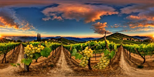 In a breathtaking sunset masterpiece, the impeccable details of a luscious Italian vineyard unfold in ultra-high resolution, capturing the golden hues dancing on each grapevine, flawlessly showcasing a sun-kissed field with vibrant rows of trees, and in the distance, the timeless beauty of the sun setting behind the rolling hills.