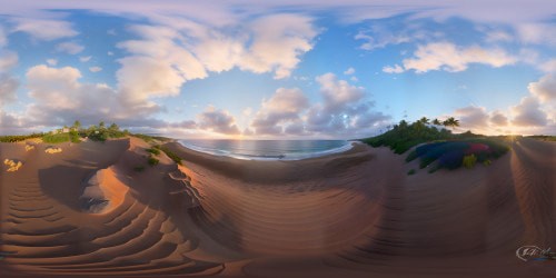 8K, VR360 beach sunset, orange-hued rays, striking big cruiser reflecting sunlight, ultra-realistic, waves kissing dark blue sand, potent lens flare reflections. Masterfully crafted, VR360 view, petals dancing on horizon, sublime ponds along shore mirroring faint sun, windy clouds in sky, point of view style realism.