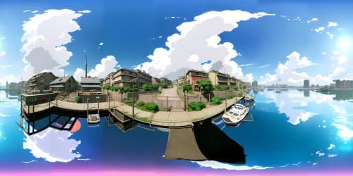 VR360, ultra high res, Cowboy Bebop nuances, gritty future port city at dusk in VR360. Floating docks, aged boats, rusty starfighters bobbing on water, the vibrancy of twilight reflected.