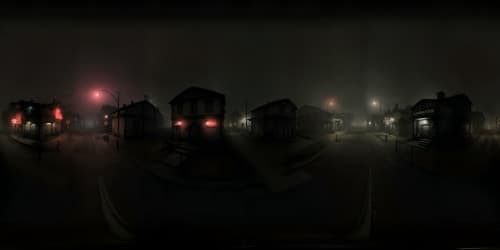 Masterpiece quality, ultra-high resolution, VR360 view of silent hill town, eerie after dark. Creepy monster forms, enveloping mist, haunted buildings silhouette. Shrouded streetlights, fog-filled alleys, in a chilling VR360 perspective. Ghost town aesthetic meets Silent Hill terror, Pixaresque rendering.