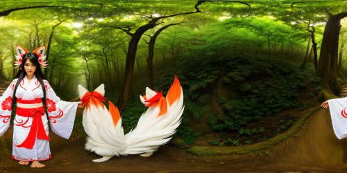 A flawless, ultra-high-resolution depiction of Ahri, the nine-tailed fox from League of Legends, standing amidst a stunning forest with her exquisite, white skin and flowing red and white kimono, her elegant fox ears perked up in the serene surroundings.