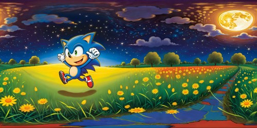 Sonic the Hedgehog running through an endless star-speckled night, with a small but bright moon. Field stretching infinitely, a solitary lamppost. Light ethereal clouds.