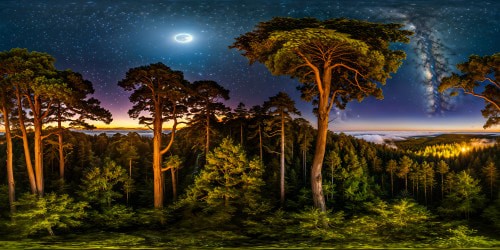 An ancient mystical forest bathed in ethereal moonlight, towering ancient trees, sparkling fireflies dancing amidst lush undergrowth, a sky filled with shimmering stars and a radiant full moon casting a serene glow over the scene.