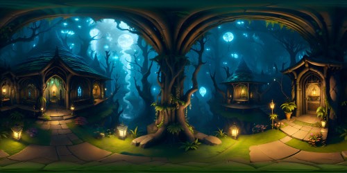 Dense forest, ethereal animals, VR360 high-resolution textures, gigantic ferns, bioluminescent mushrooms, expansive VR360 canopy, lush moss on ancient trunks. Masterpiece style, vibrant hues, detailed foliage, fantasy art elements.