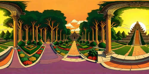 An awe-inspiring, flawlessly detailed, ultra high-resolution rendering of a majestic ancient temple surrounded by lush, vibrant gardens, intricate architecture under the radiant glow of a golden sunset, casting intricate shadows and highlights throughout, a true masterpiece of digital art.