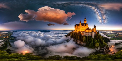 The grand and majestic Hogwarts castle under a vibrant, starlit sky, reflecting in a tranquil lake with mist swirling around its ancient turrets, stunning details brought to life in ultra high resolution.