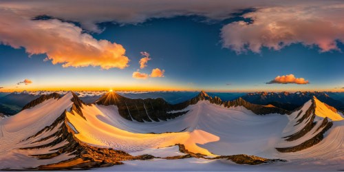 An awe-inspiring, perfect mountain peak at sunset, casting long, shadowy valleys, glowing with golden hues and alpenglow, its snow-covered slopes pristine in ultra high resolution.